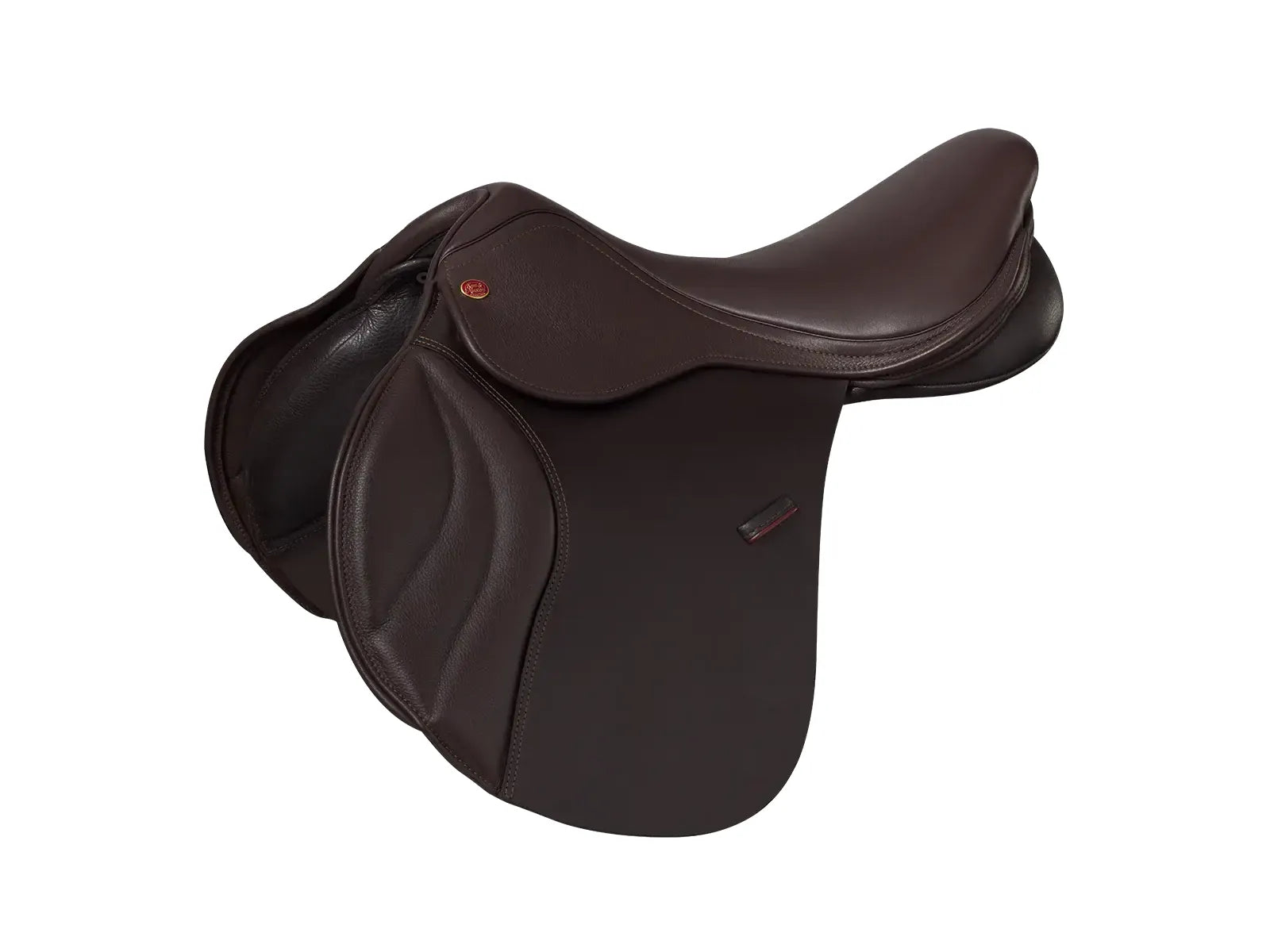 Brown leather jump saddle on a white background