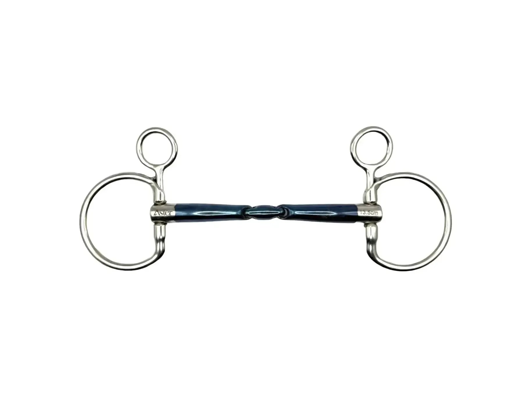 A double-bit horse bit with a polished silver-tone steel finish and a dark blue wrapped center section, isolated on a white background.