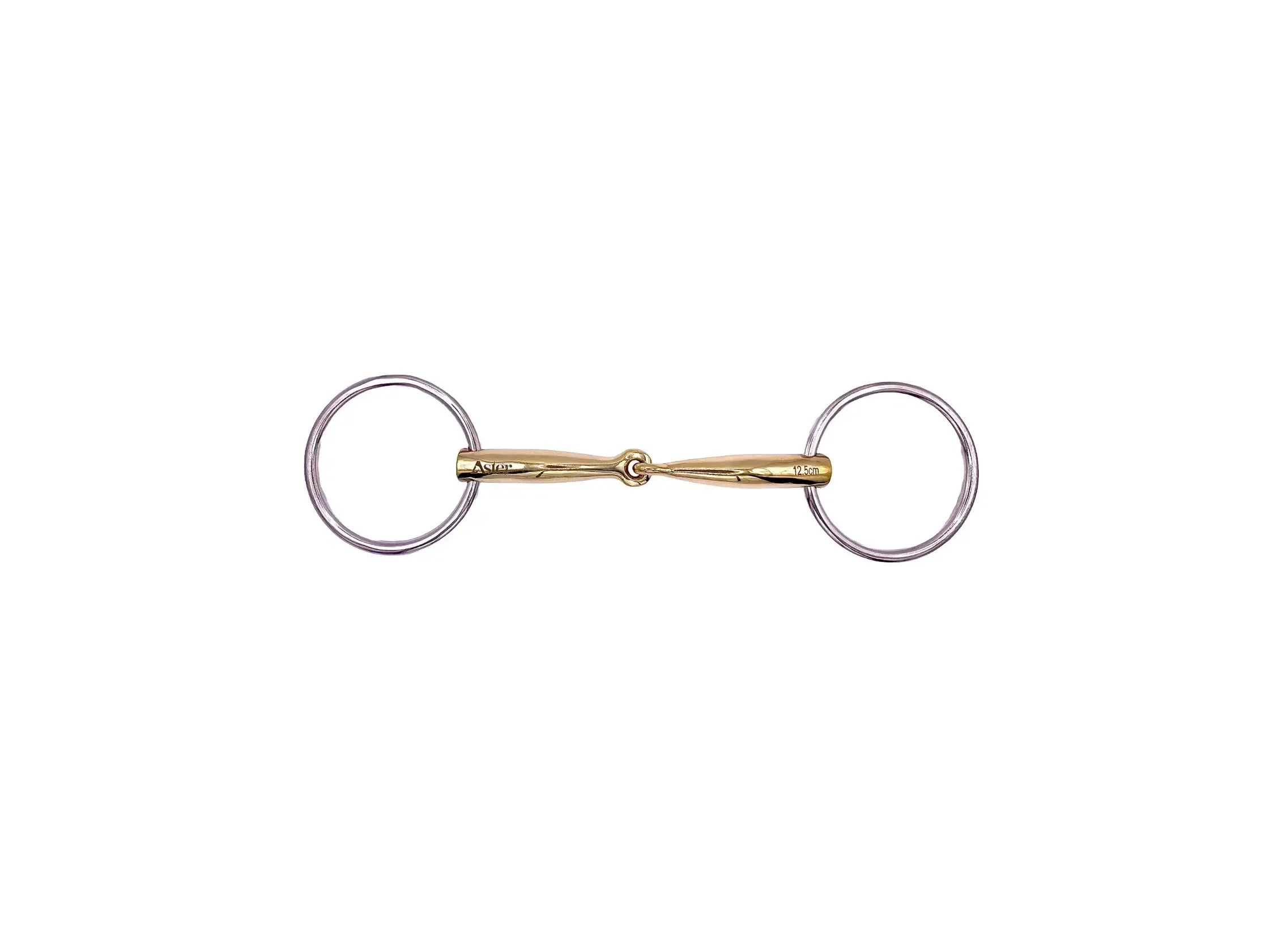 A loose ring snaffle slimming to the single joint made from a gold coloured high nickel copper alloy