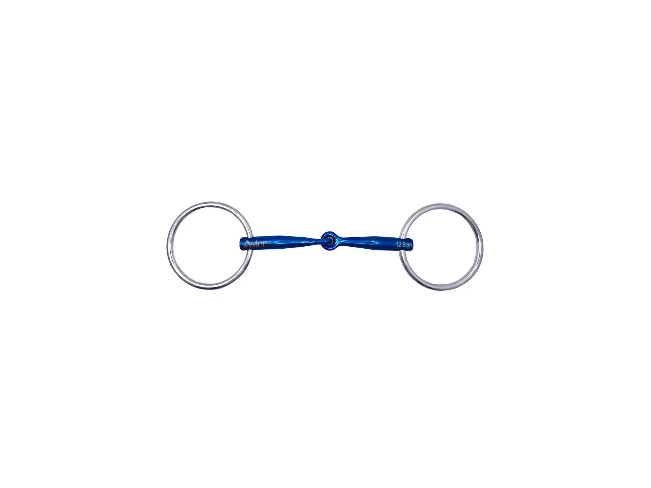 Aster Confidence Titanium Single Jointed Lock Up Snaffle Loose Ring bit in a blue finish