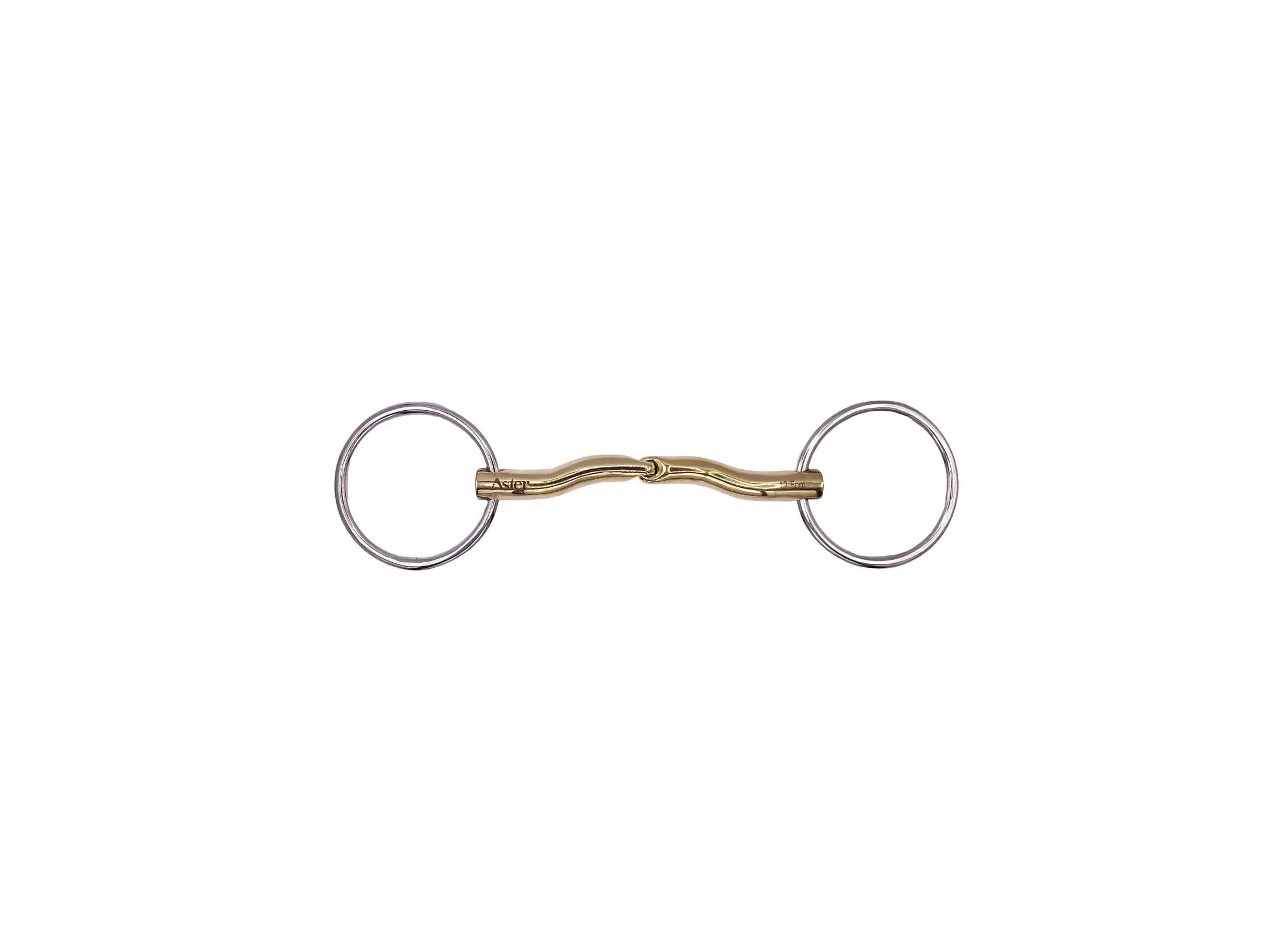 a loose ring double jointed snaffle with tongue relief made from a hi nickel/copper alloy giving it a golden colour