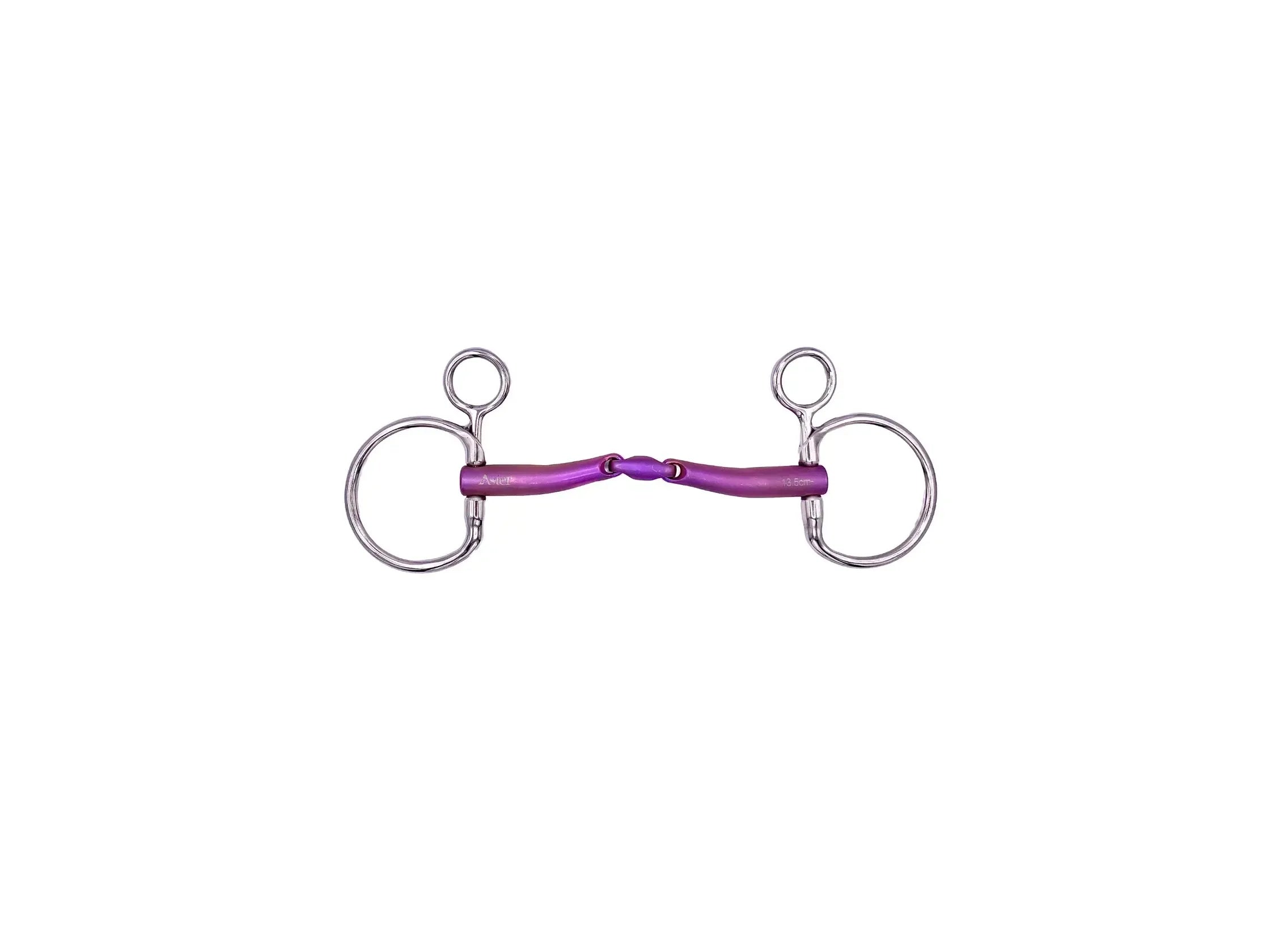 A hanging cheek baucher bit with a single joint and tongue relief in titanium annodised pink finish