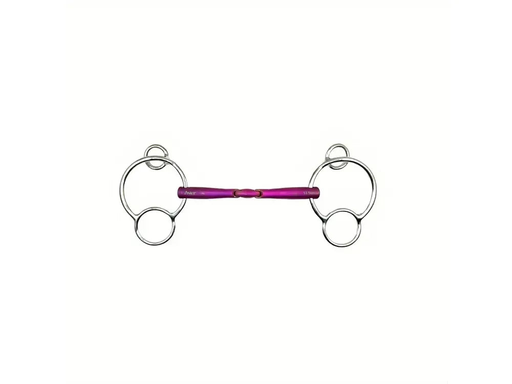 A silver equestrian bit with a vibrant magenta-purple polished steel center, shown against a plain white background.