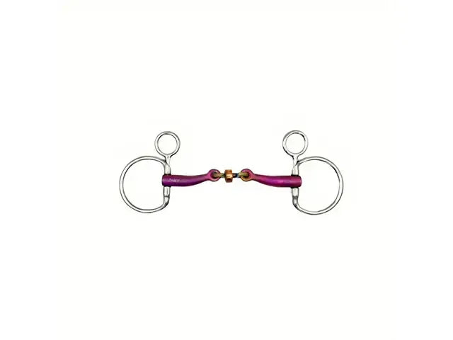 A double-bit horse bit featuring a metallic purple anodized barrel with a central brass swivel and silver-toned steel rings and bit bars, shown against a plain white background.