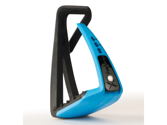 a black and light blue safety stirrup on a white background