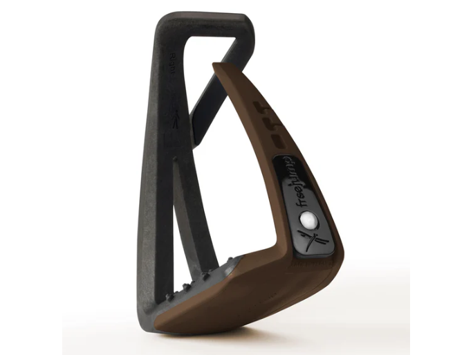 a brown and chocolate safety stirrup on white background