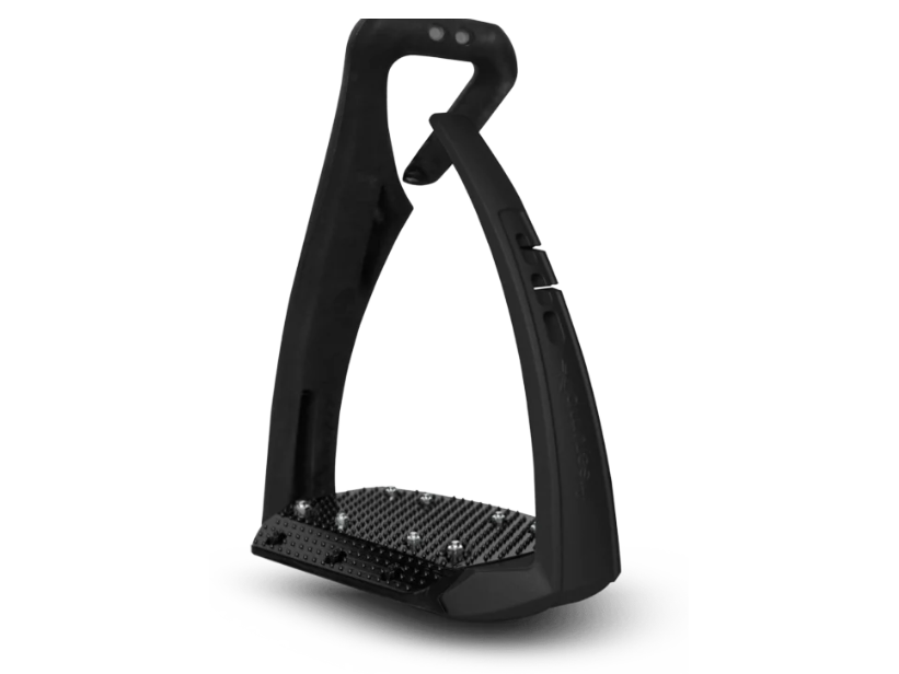 a black safety stirrup on a white background