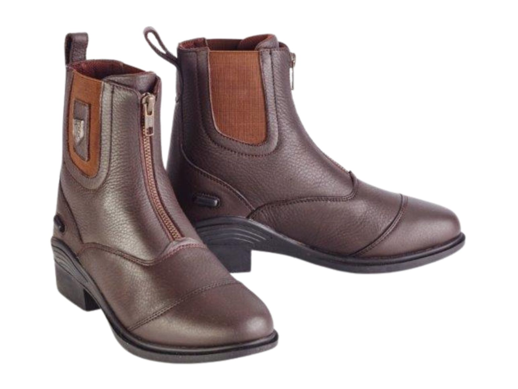 A pair of women's dark brown leather ankle boots with elastic side panels, a front zipper, and low block heels, shown on a plain white background.