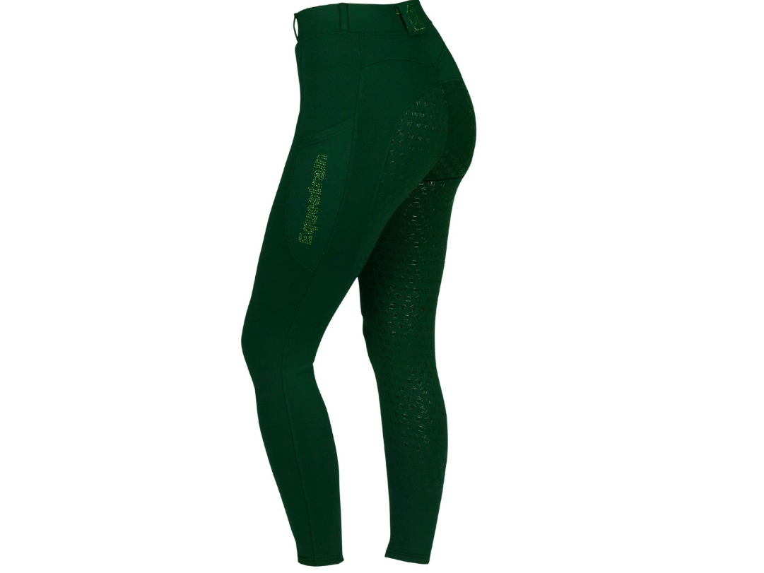 Dark green equestrian riding breeches with textured grip panels on the inner thighs and a subtle green 'Equestrian' logo on the side, shown on a white background.