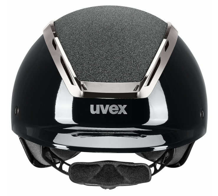 front facing image of horse riding helmet showing the Uvex brand logo shown on a white background
