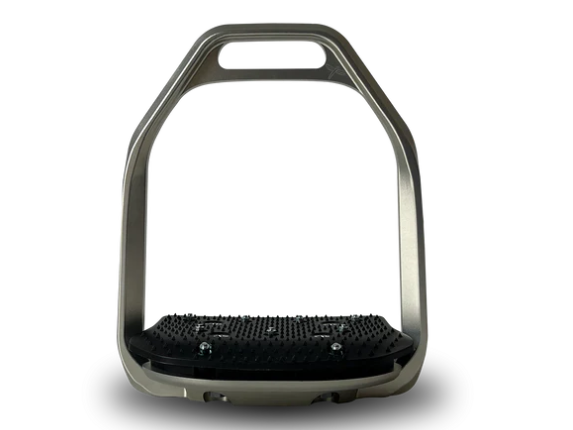 an air cushion footbed stirrup in silver and black foot grip