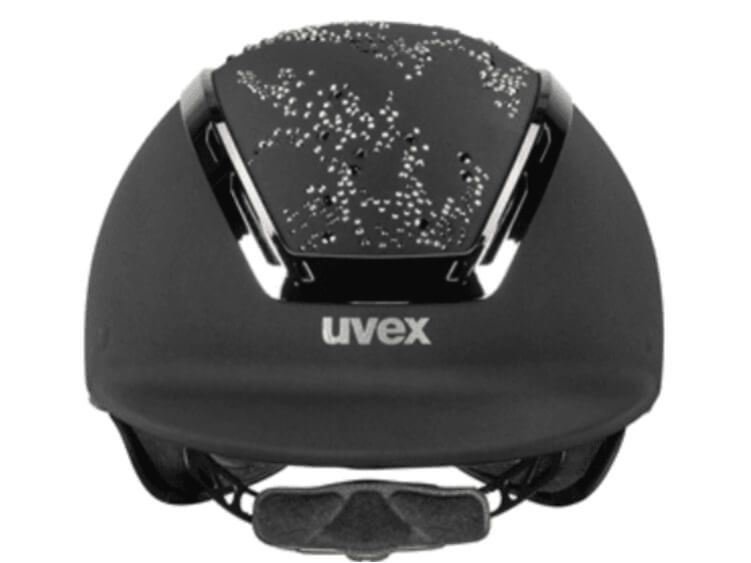 A black Uvex equestrian helmet with a pattern of small white reflective dots on the top shell, shown against a plain white background.