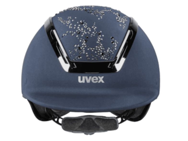 A navy blue equestrian helmet with a black top shell and silver rhinestone accents, shown against a plain white background