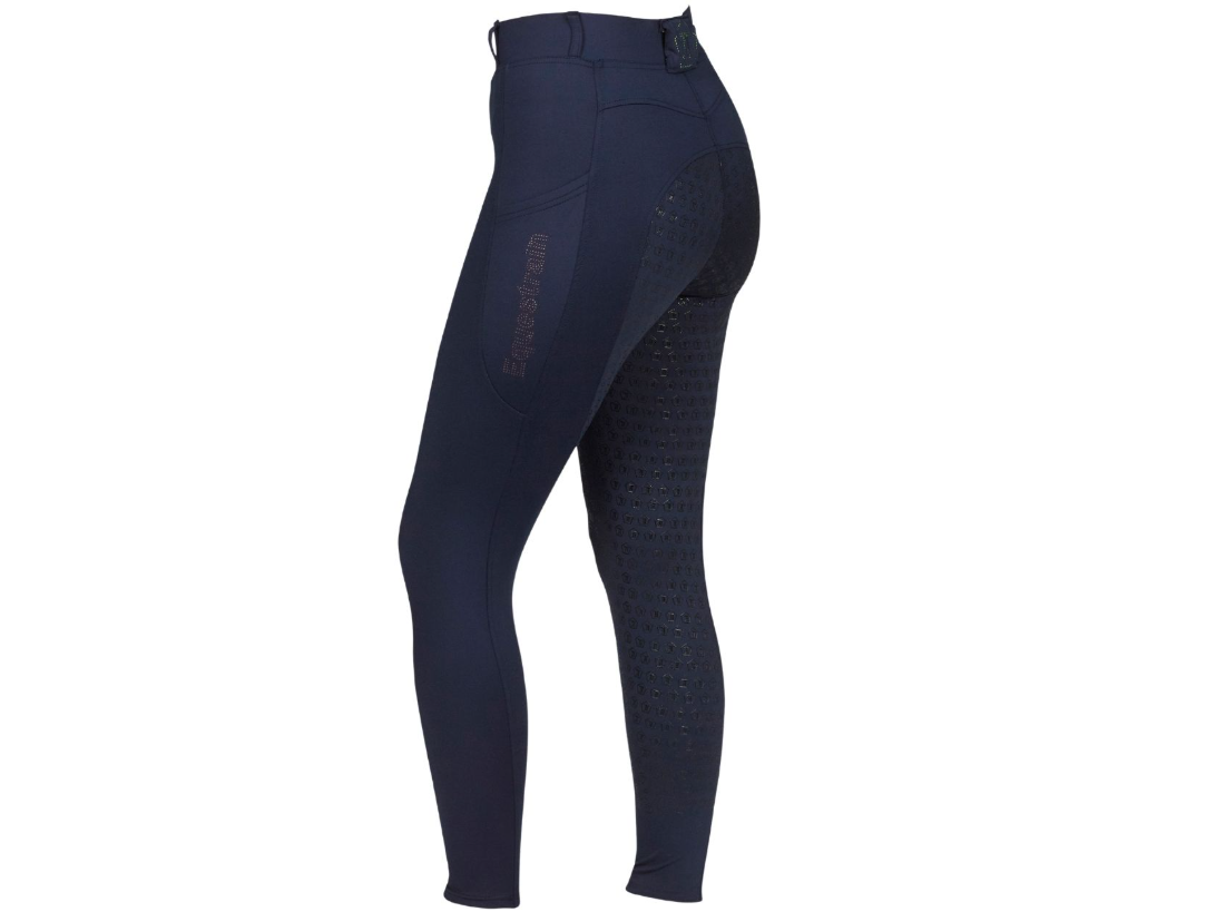 Navy blue equestrian riding breeches with textured grip panels on the inner thighs and a subtle vertical EqueStrath logo on the left leg, shown against a plain white background.