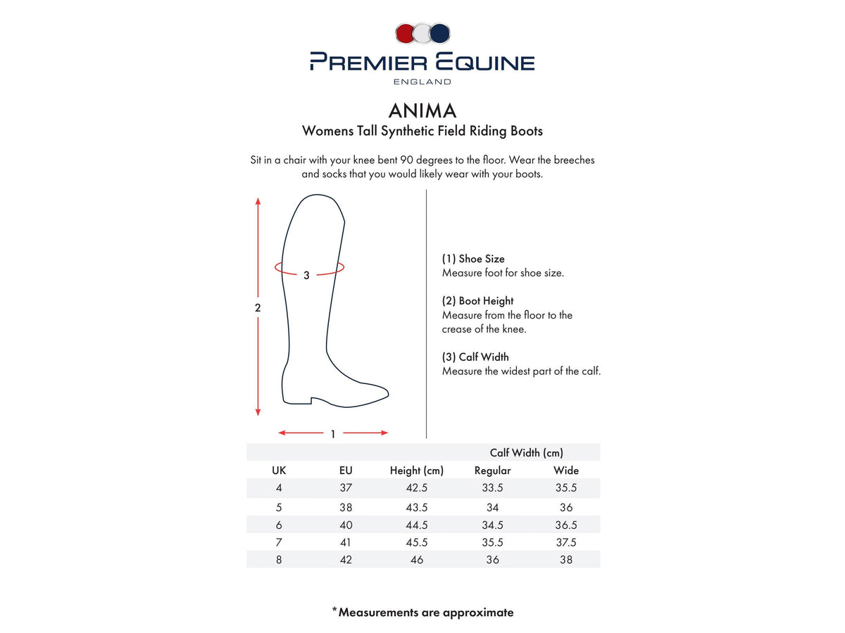 A sizing guide and measurement chart for Premier Equine England's Anima Womens Tall Synthetic Field Riding Boots. The graphic features a line drawing of a boot with dimension markers (1, 2, 3) and text instructions on how to measure shoe size, boot height, and calf width, accompanied by a sizing table at the bottom.