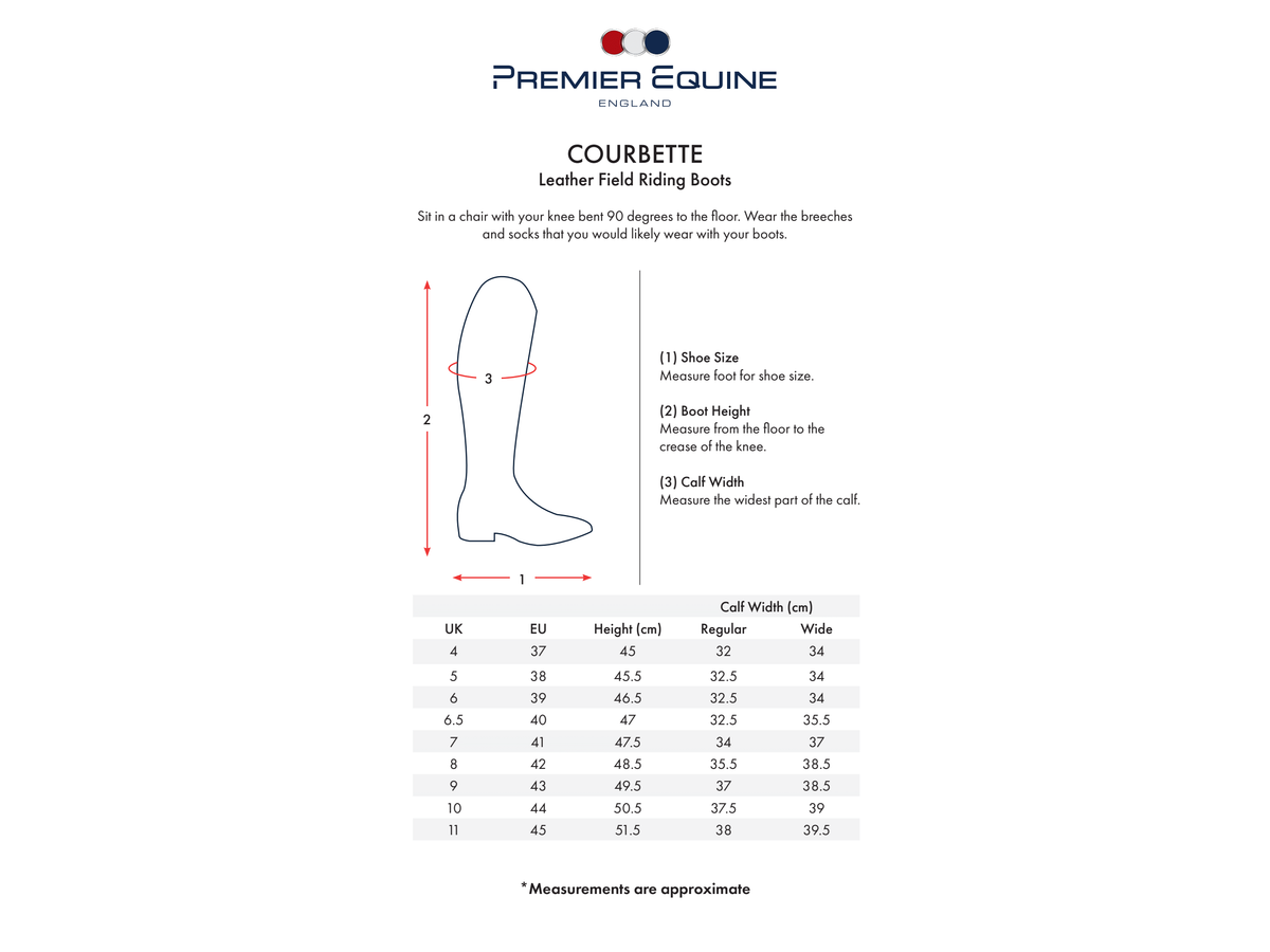 A sizing guide for Premier Equine England Ballotade Leather Field Riding Boots, showing a boot silhouette with measurement arrows for shoe size, boot height, and calf width, plus a width chart table.