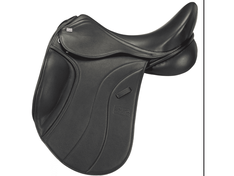 A DRESSAGE SADDLE WITH A DEEP SEAT AND RAISED SOFT KNEE BLOCK
