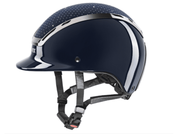 Navy blue helmet with white accents on a white background