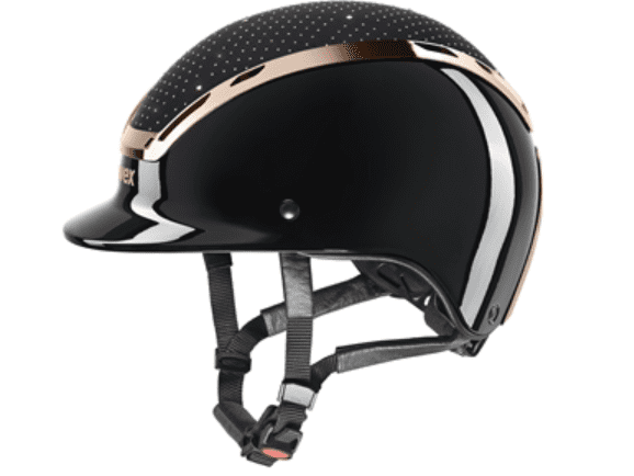 Black equestrian helmet with gold accents on a white background