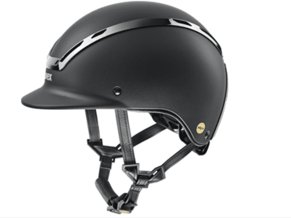 Black helmet with silver accents on a white background