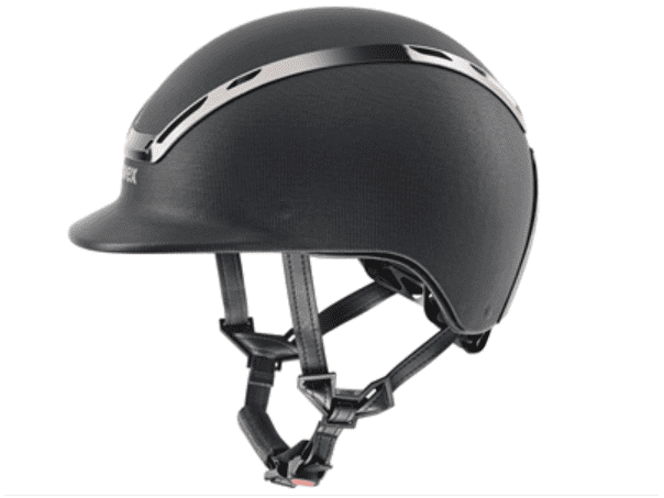 Black equestrian helmet with a shiny stripe on a white background