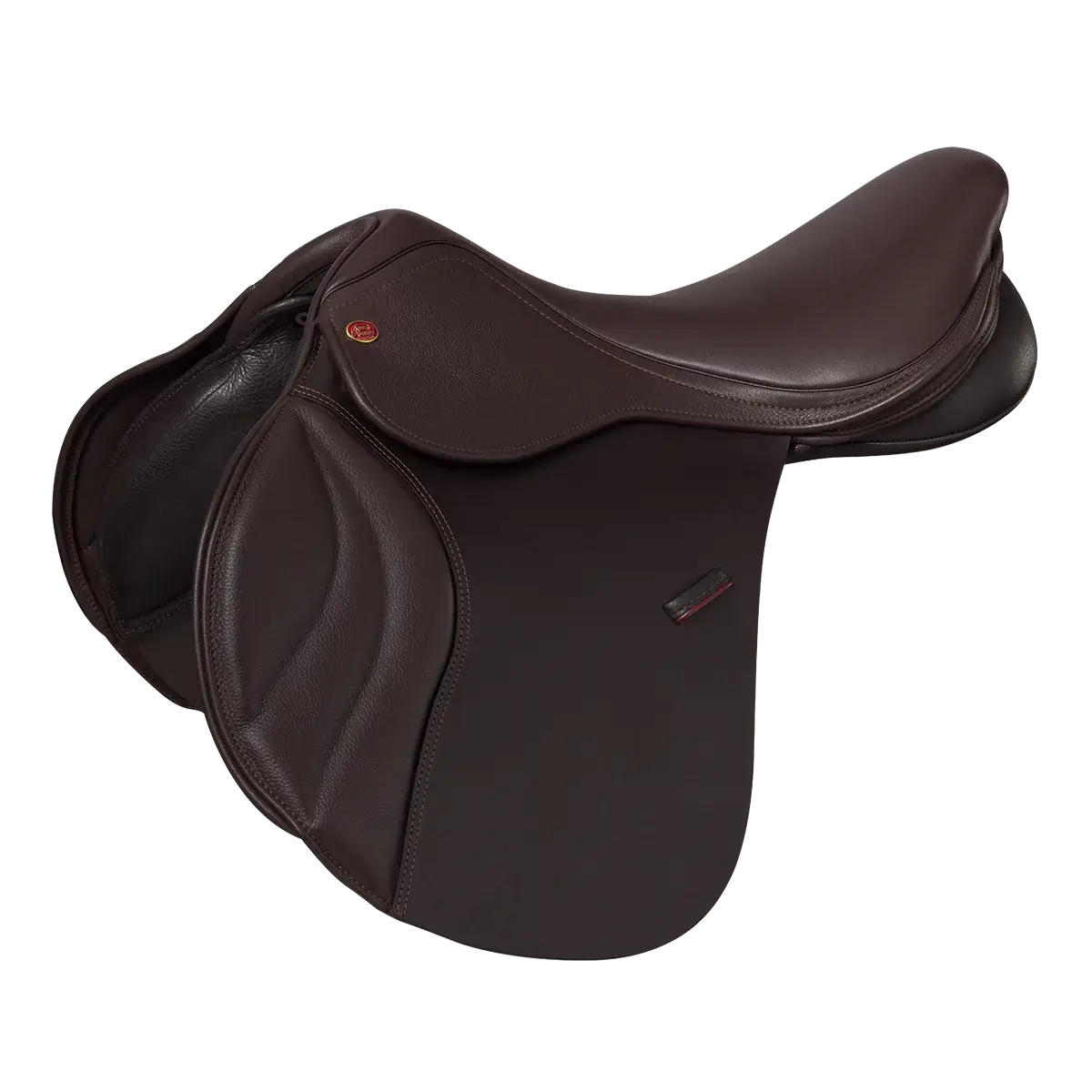 Brown leather jump saddle on a white background