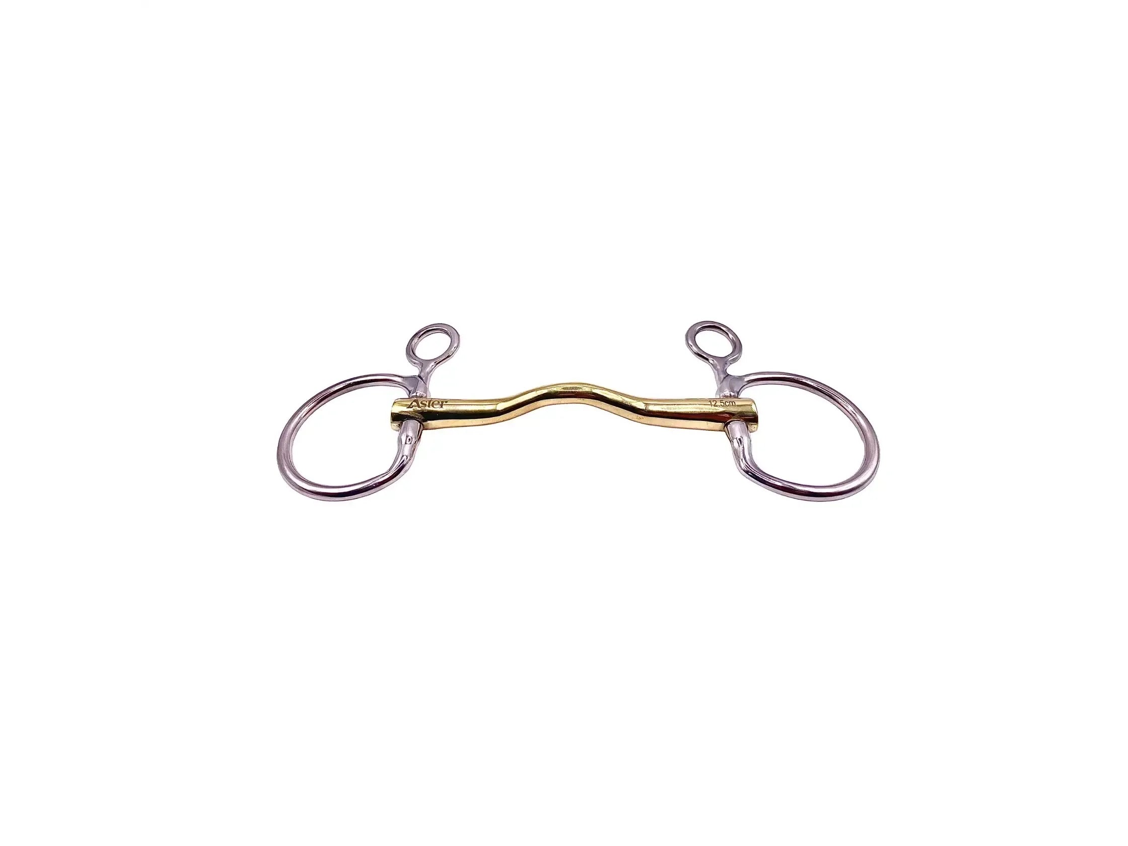 A drop cheek baucher ported straightbar in a golden coloured High Nickel/Copper Alloy