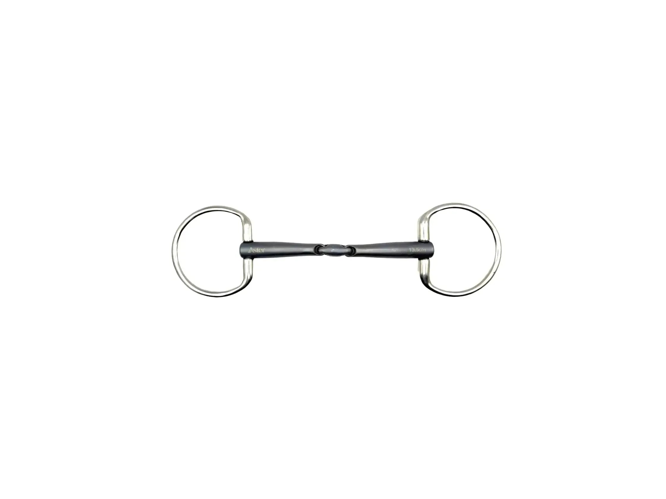 An eggutt snaffle with a double joint lozenge in the middle, made in titanium anodised a grey colour