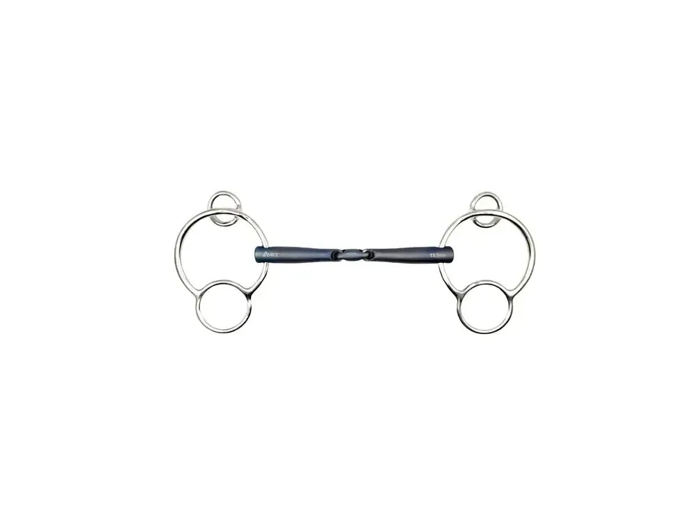 A double-bit horse bit with polished silver-toned metal rings and a dark gray textured center bar, isolated on a white background.