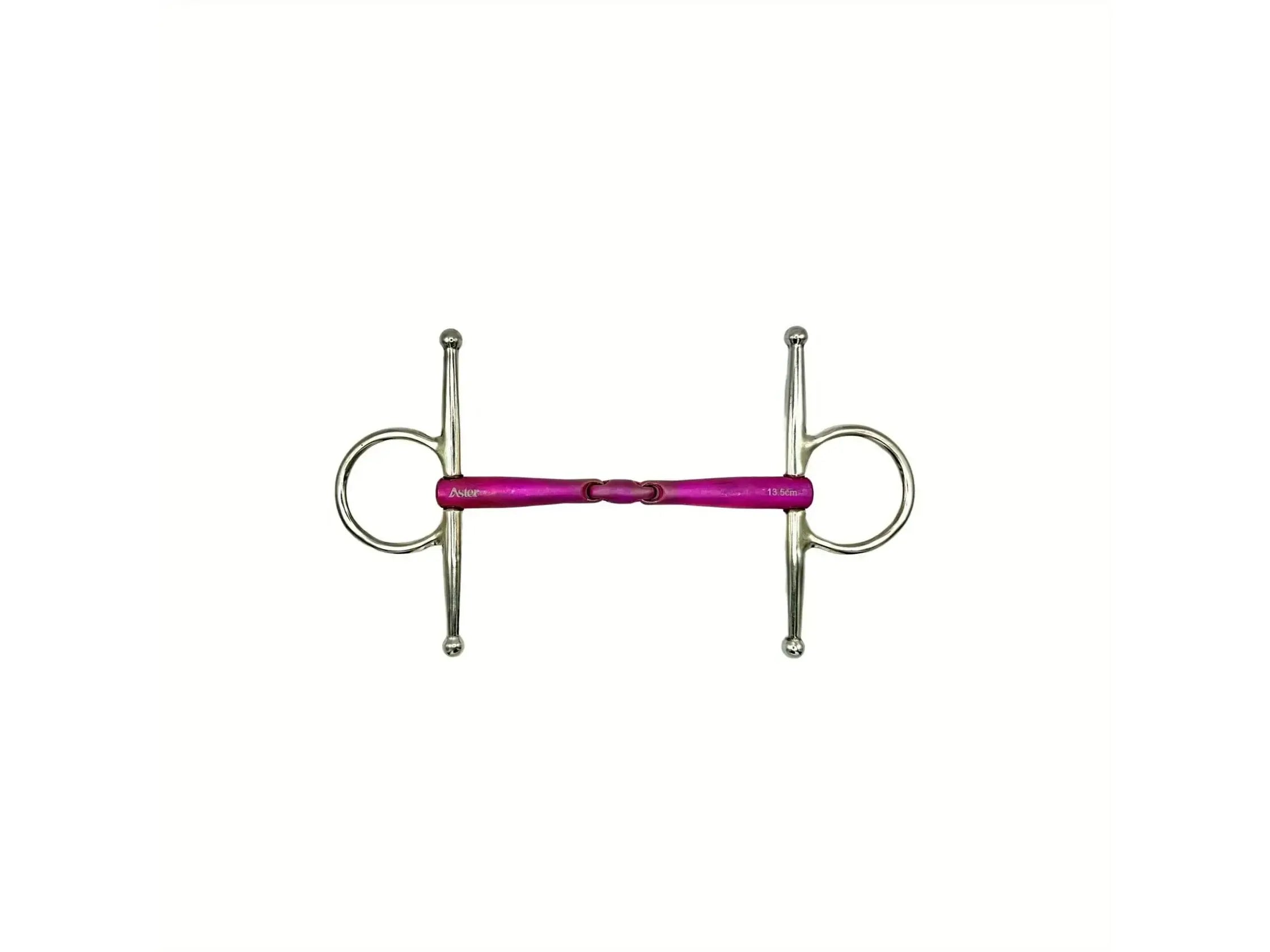 a full cheek titanium double jointed horse bit with a pink finish