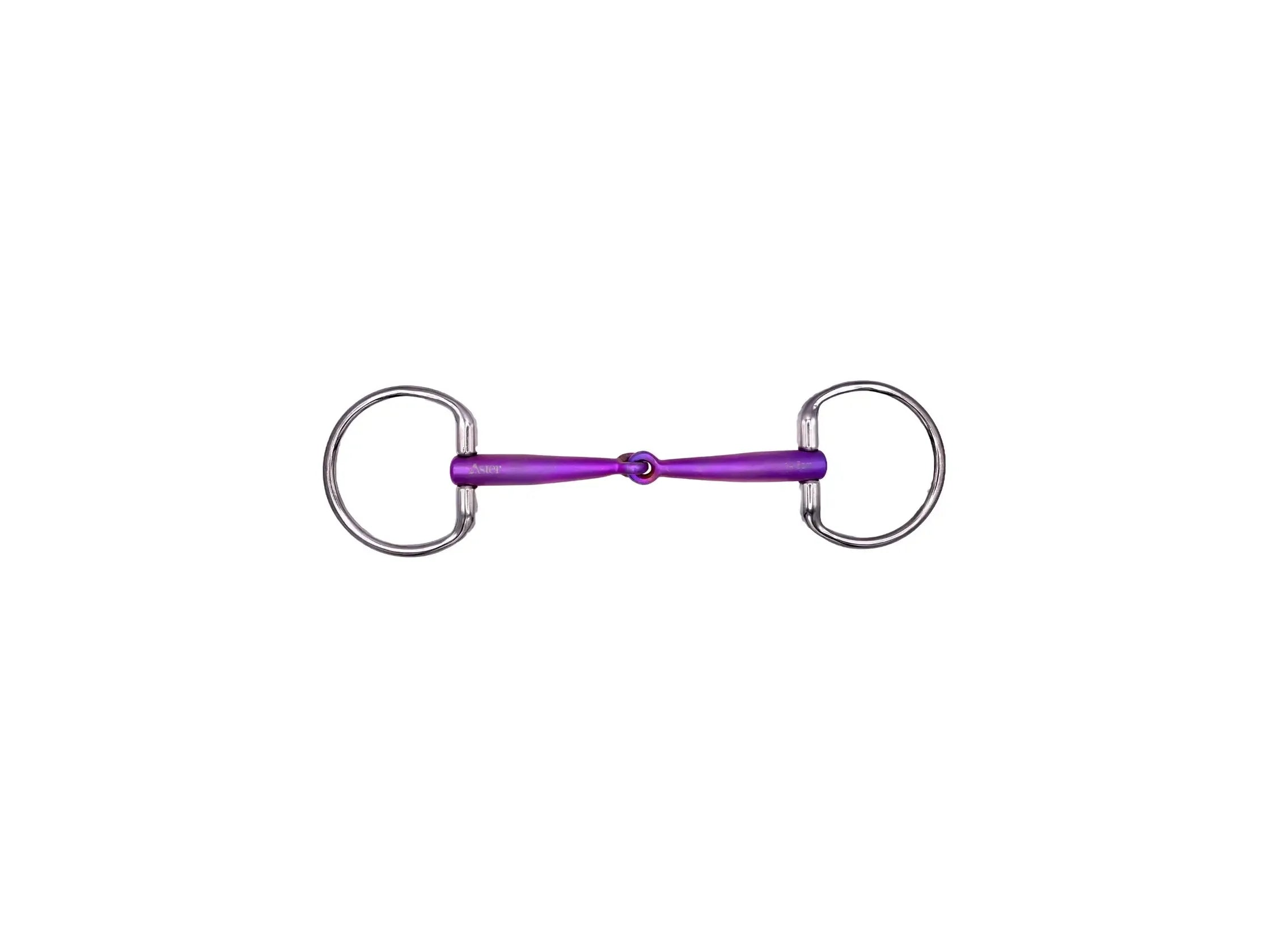 An eggbutt snaffle bit, single joint and ttanium metal with an anodised pink finish