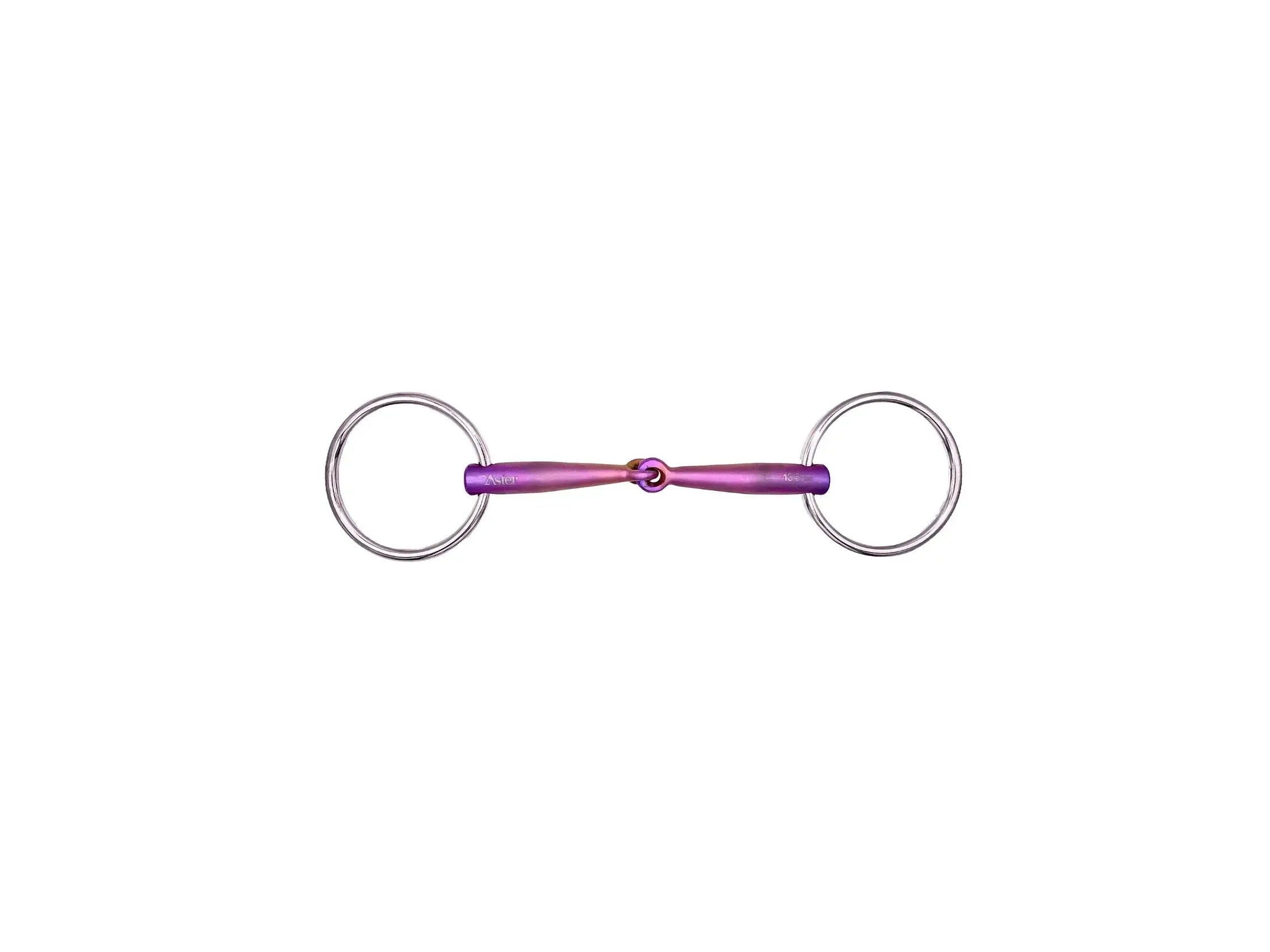 a loose ring single jointed snaffle in a titanium metal and pink anodised finish