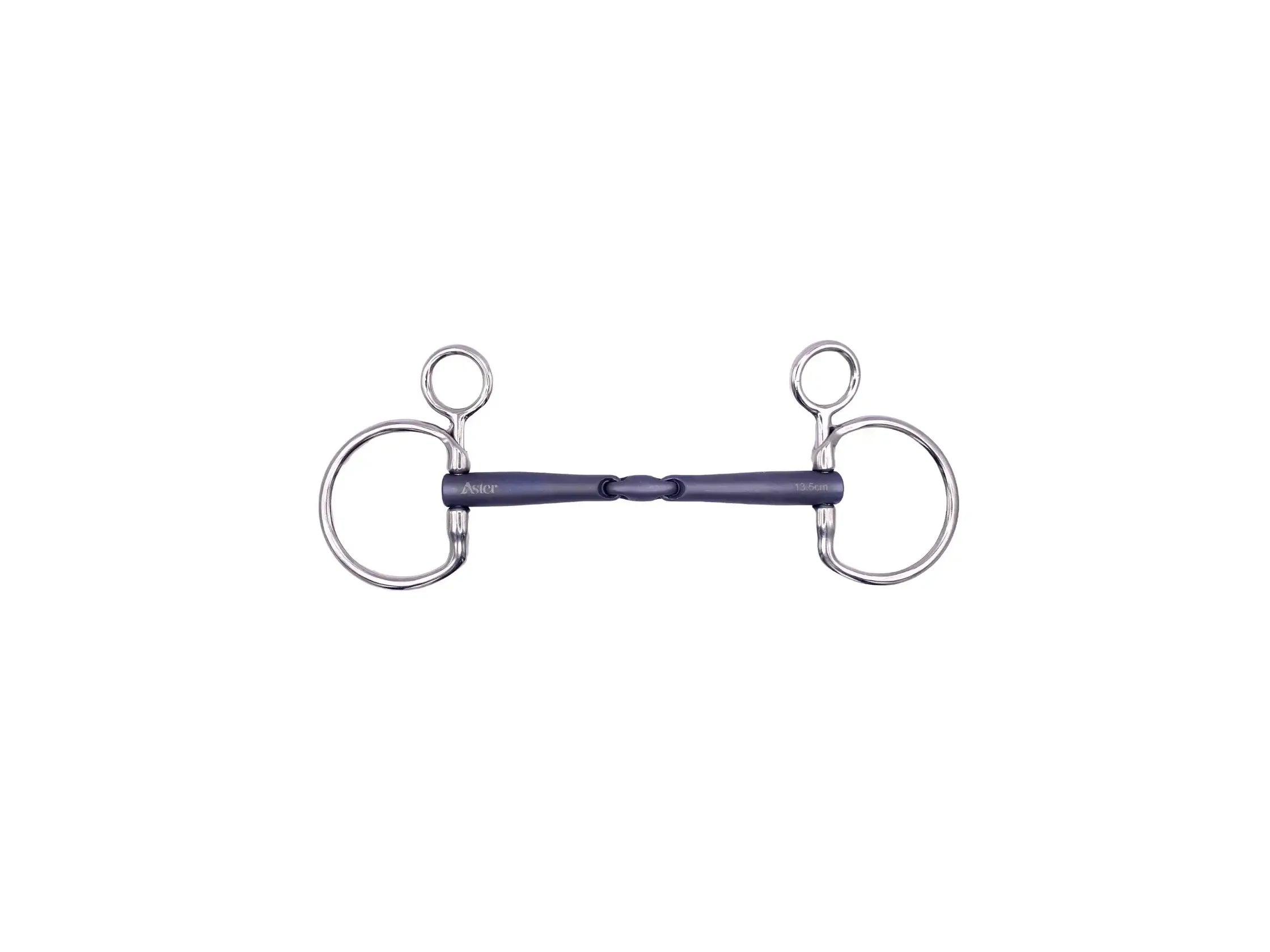 a drop cheek double jointed snaffle made from titanium with a blue finish