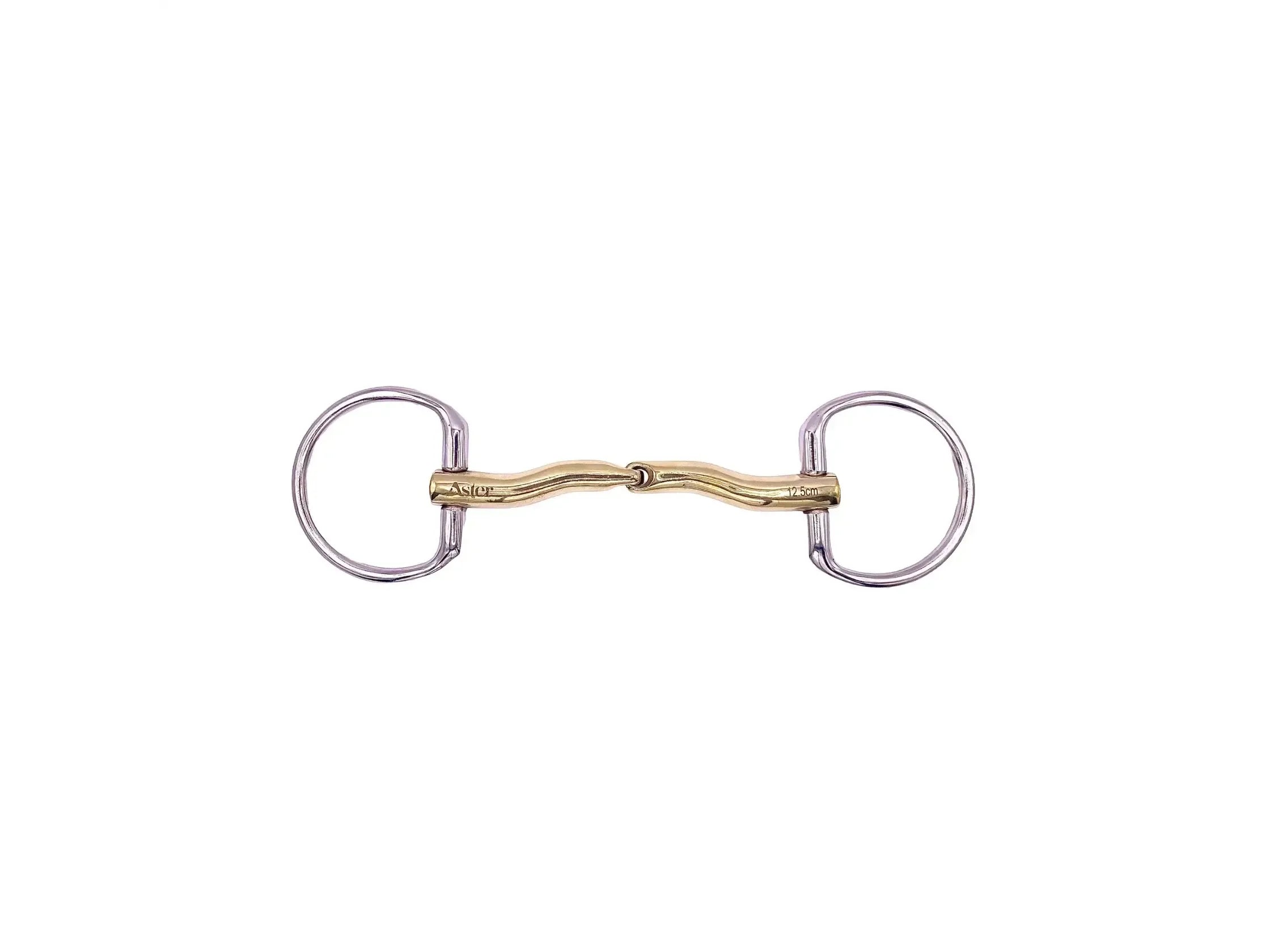 an eggbutt snaffle with a gentle tongue relief profile over the horses tongue. made from a Golden coloured high nickel, copper alloy
