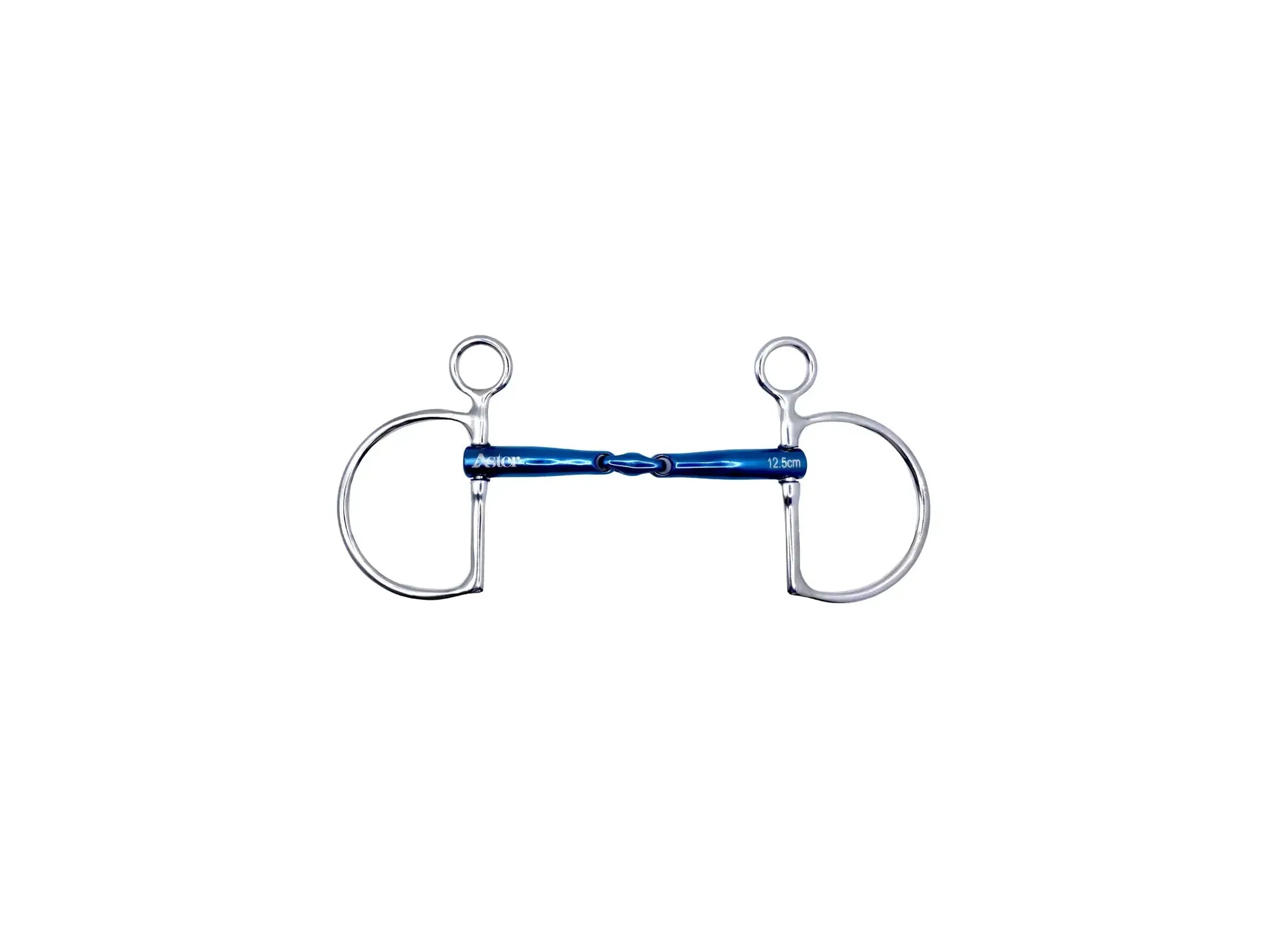 a large dee baucher side pieced bit in te drop cheek format with a blue finish double joint