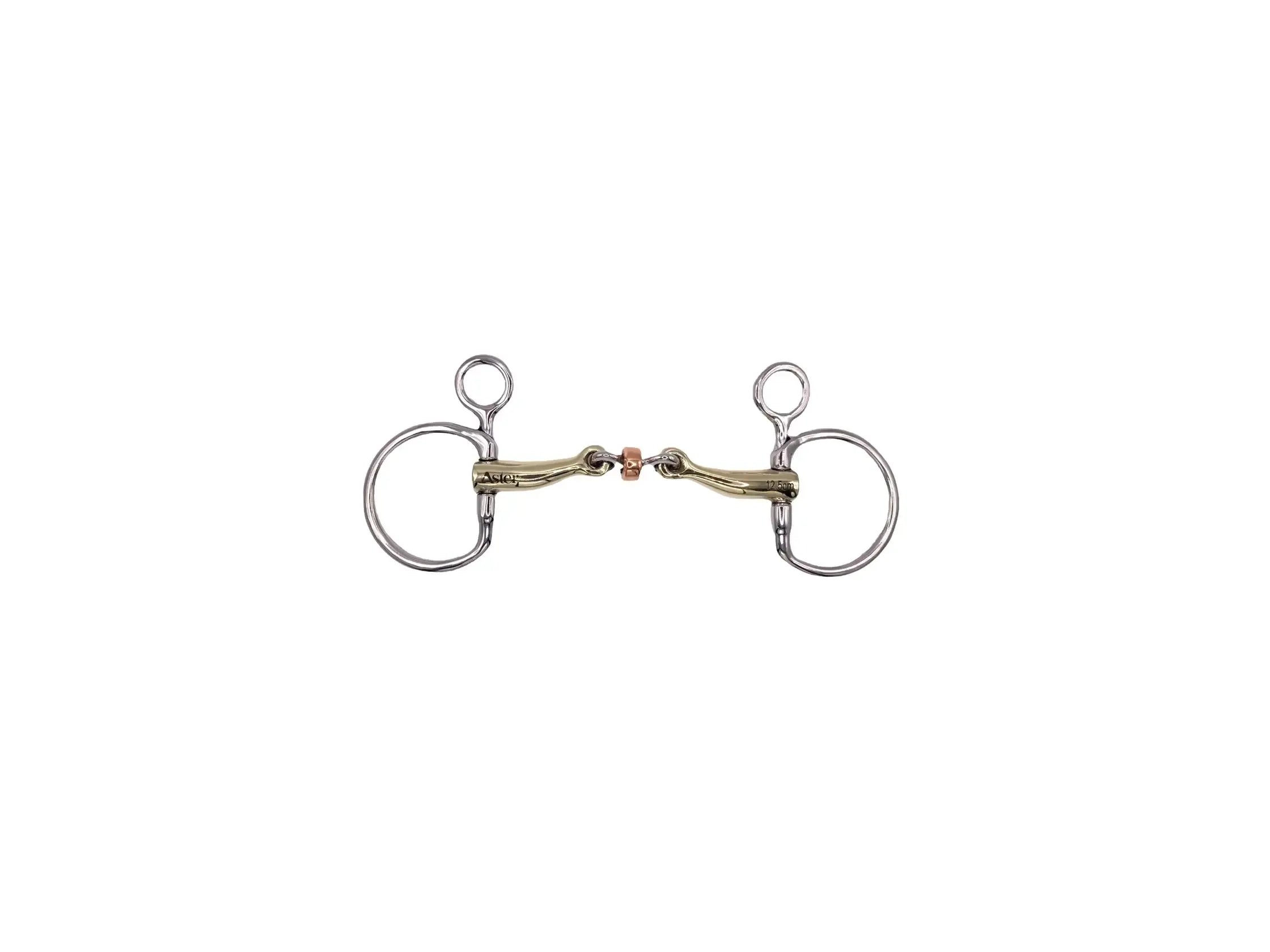 a drop cheek snaffle with tongue relief and a copper roller in the middle