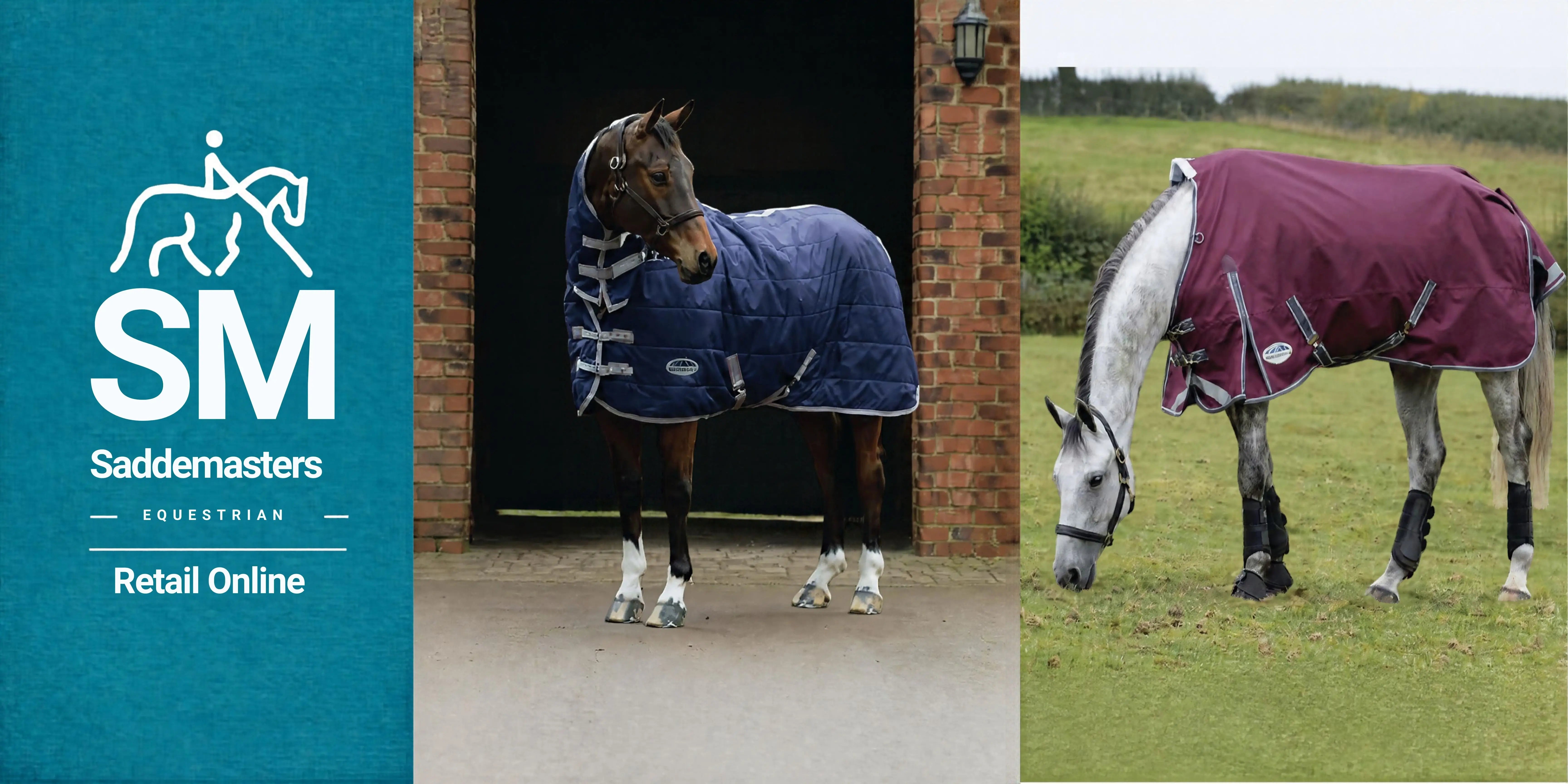 The Saddlemasters logo alongside a horse wearing a stable rug with neck cover in a stable yard, next to a grey horse wearing a turnout rug without a neck cover grazing in a field.