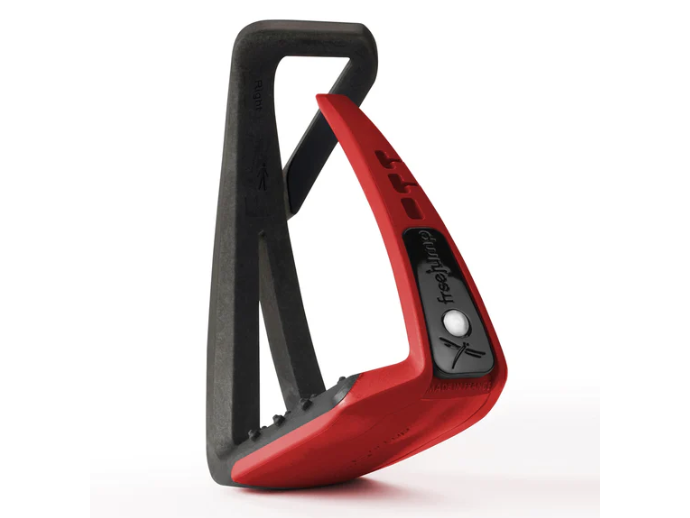  a black and red safety stirrup on a white background