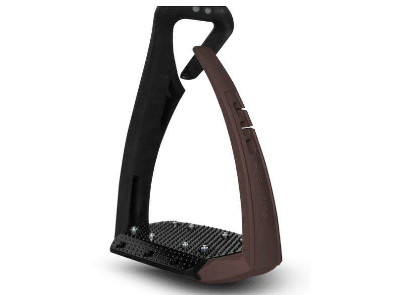 a black and chocolate colour safety stirrup on a white background