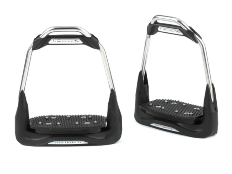 a stirrup in black and a silver frame with shock absorption footbed