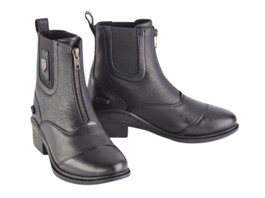 A pair of black leather ankle boots with side zippers and elastic side panels, shown on a plain white background.