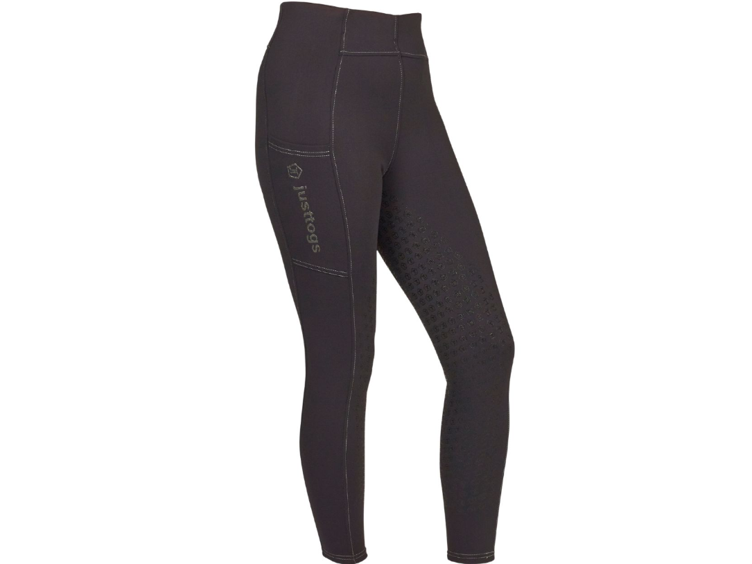 Black equestrian riding tights with a textured grip pattern on the inner thighs and a side pocket featuring the Justrods logo, shown on a white background.