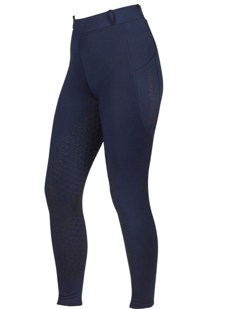 Navy blue equestrian riding tights with a subtle textured grip pattern on the inner thighs and a tonal vertical logo on the outer side of the right leg, shown on a plain white background.