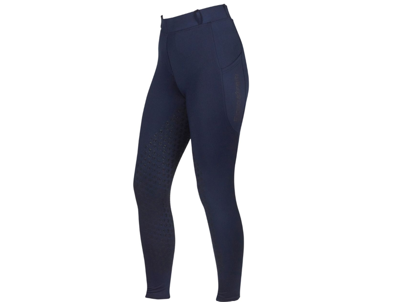 Navy blue equestrian riding tights with a subtle textured grip pattern on the inner thighs and a tonal vertical logo on the outer side of the right leg, shown on a plain white background.