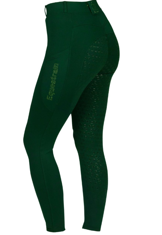 Dark green equestrian riding breeches with textured grip panels on the inner thighs and a subtle green 'Equestrian' logo on the side, shown on a white background.