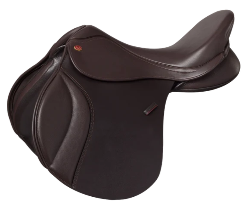 A Brown leather Kent & Masters saddle with a matching black leather saddle pad, shown on a solid white background.