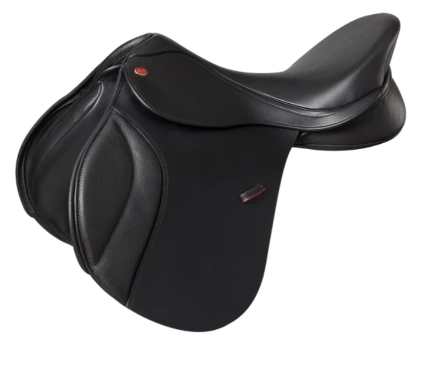 A black leather Kent & Masters saddle with a matching black leather saddle pad, shown on a solid white background.