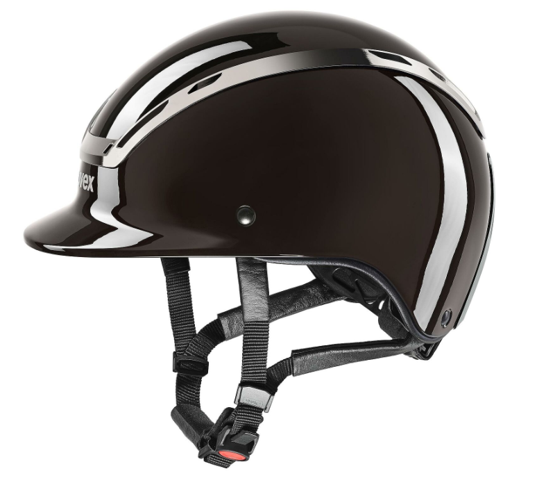 A glossy brown equestrian riding helmet with a matching visor, featuring silver reflective striping and black adjustable chin straps, shown from a side profile on a white background.