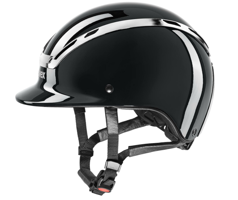 A glossy black equestrian riding helmet with a curved brim and black chin straps, featuring a silver reflective stripe design on a white background.