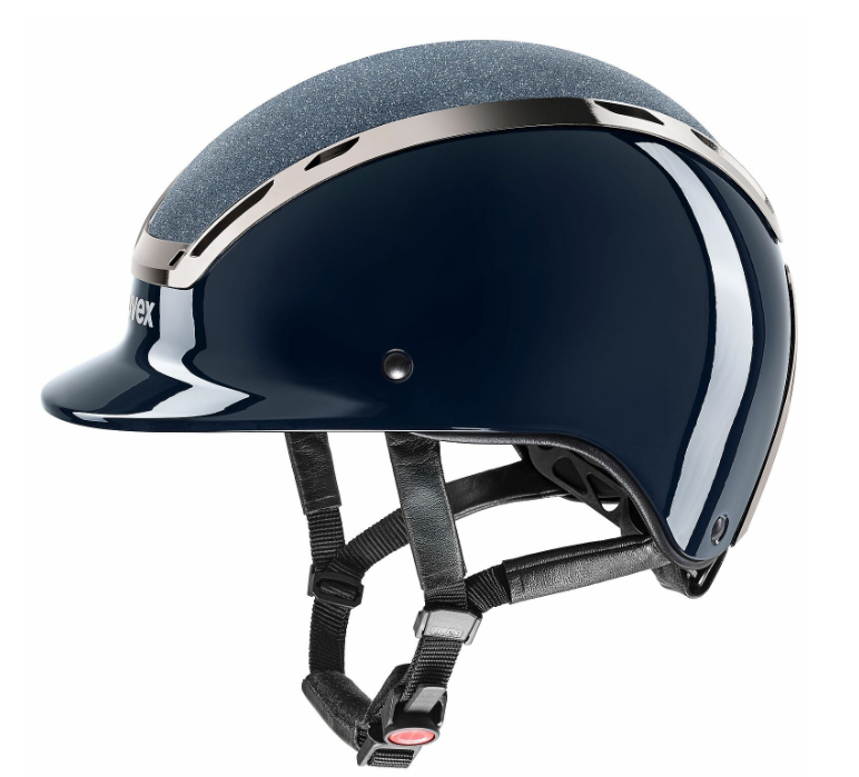 Navy Blue shiny equestrian helmet shown on a white background